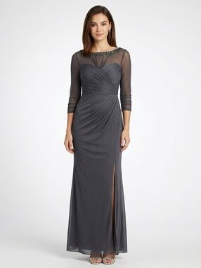 Alex Evenings Gray Jeweled Illusion Ruched Dress